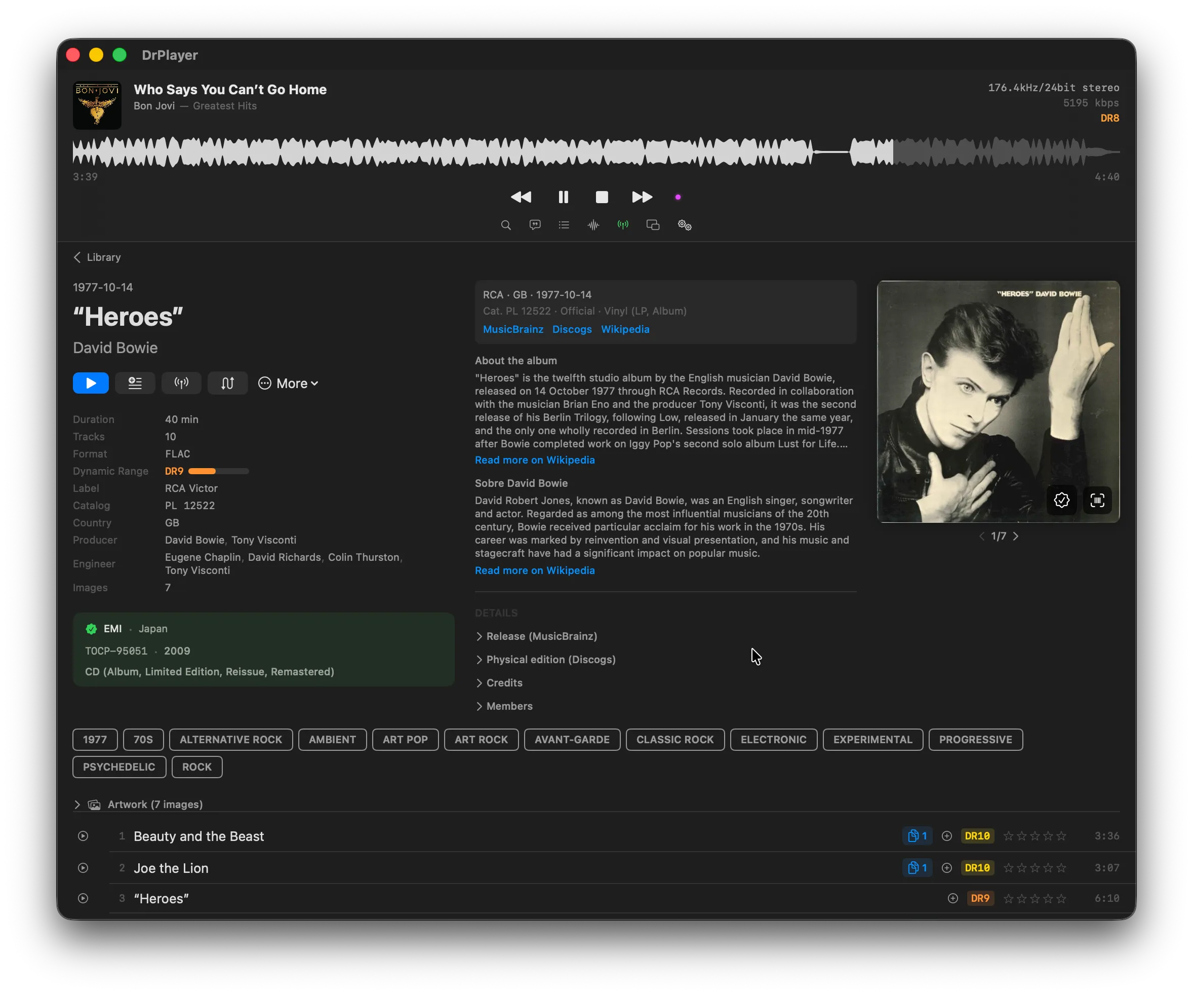 DrPlayer album detail showing full metadata, DR per track, producer and engineer credits