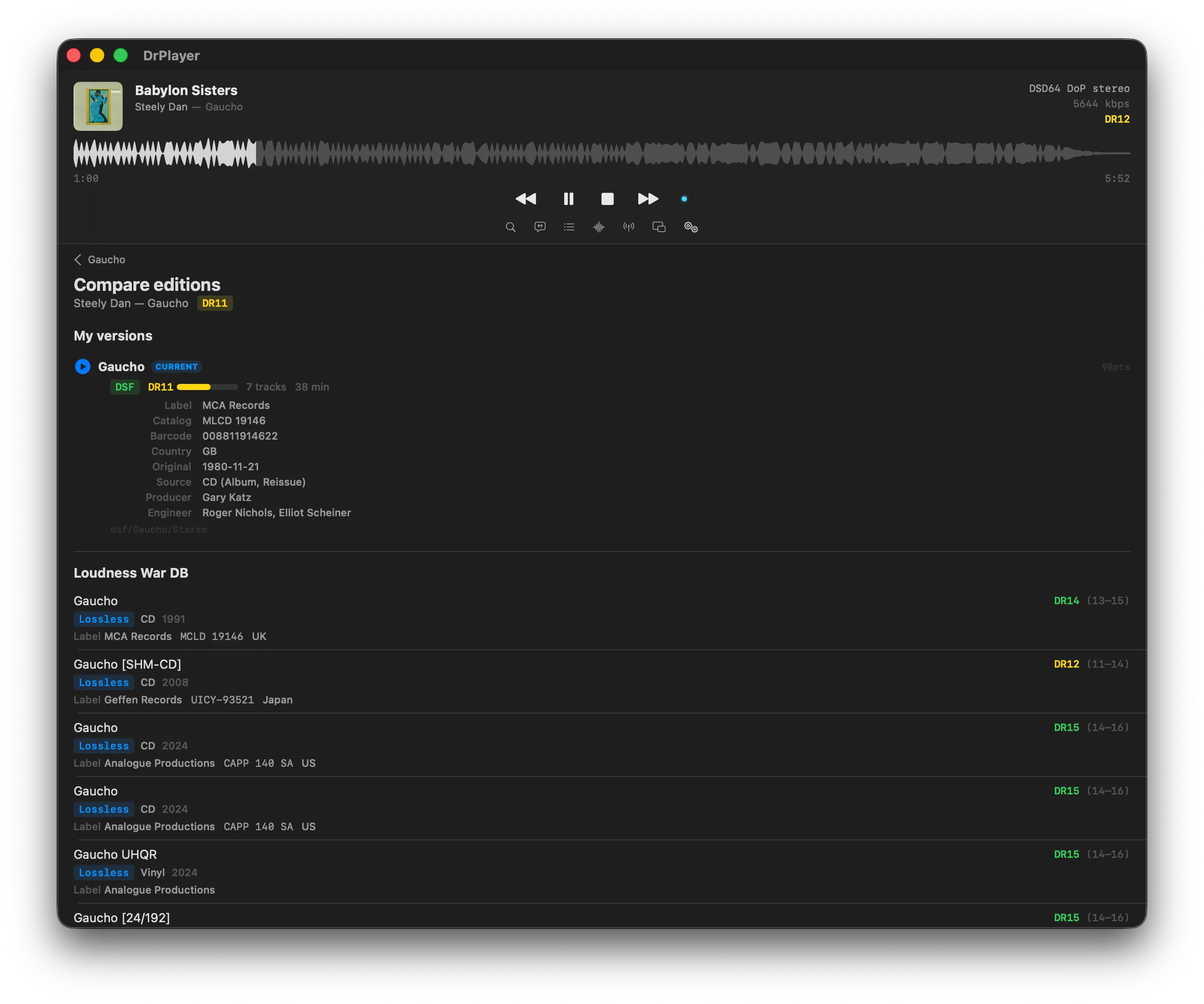 Compare editions view listing all known pressings of Gaucho from Loudness War DB