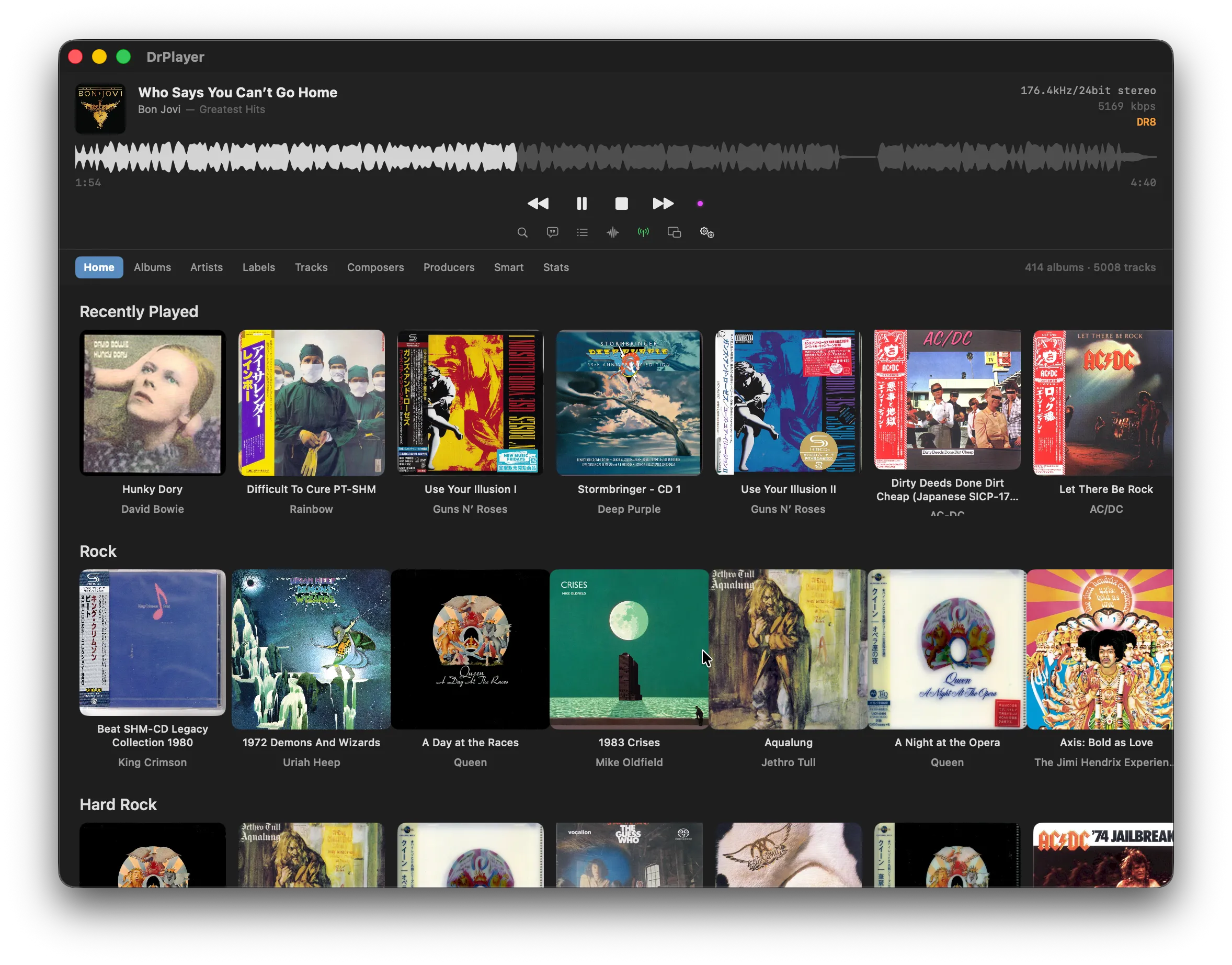 DrPlayer main window showing the home view with album grid, waveform player and DR indicator