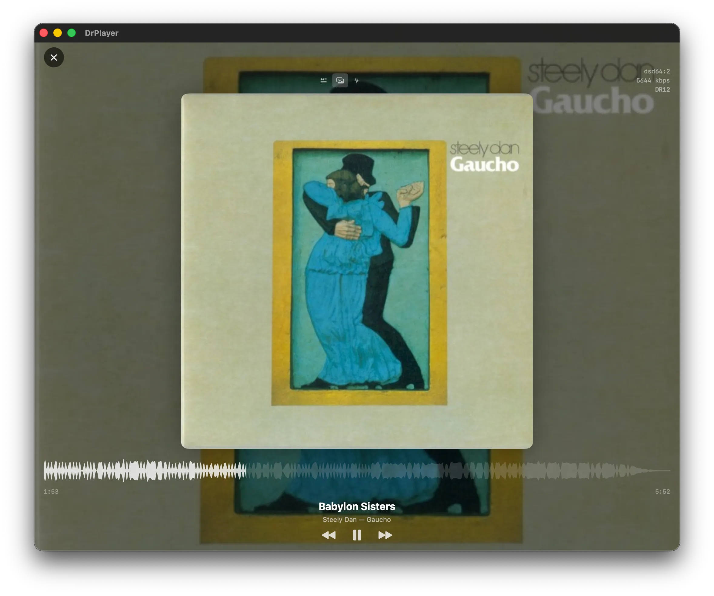 Fullscreen immersive now-playing view with large cover art and waveform