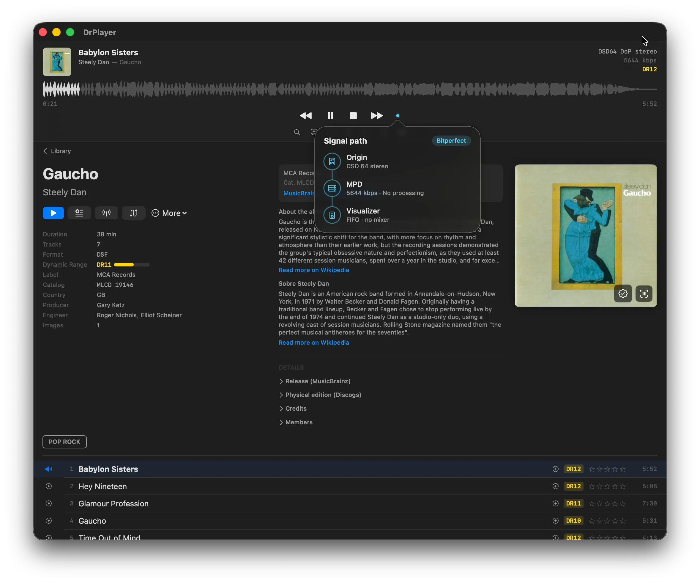 DrPlayer signal path popover showing the chain from origin to DAC with a Bitperfect badge